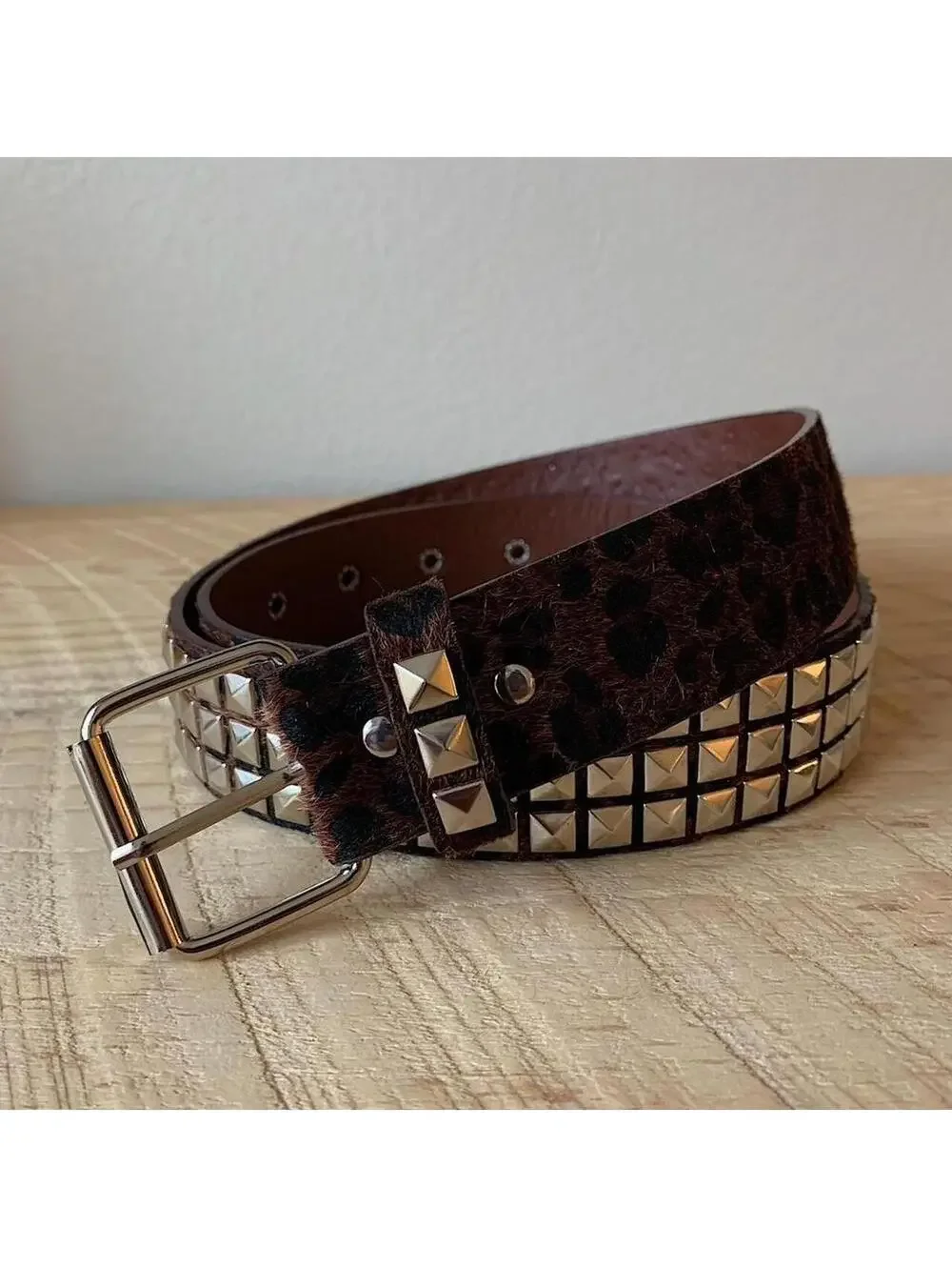 Y2K Cyber 2000s Style Cheetah Brown Fur Studded Silver Belt